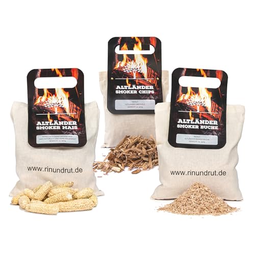 Rin & Rut Räucherchips Starter Set – Apfelholz, Buchenmehl & Grillmais – Räucherchips Mix für Kalträuchern & Heißräuchern – BBQ Räucherzubehör Set (3-teilig) von Rin & Rut