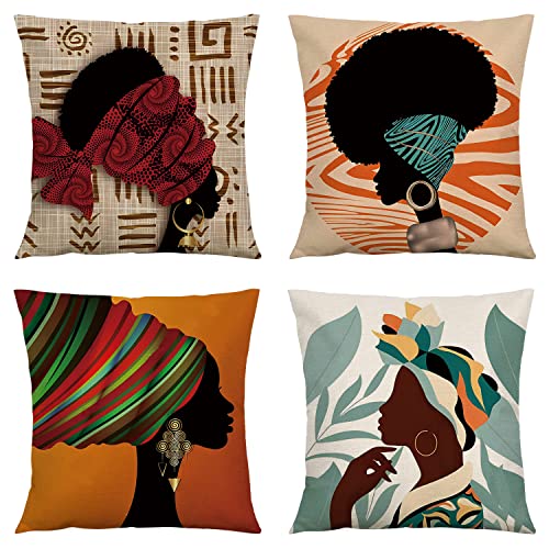 RinRinfam Abstrakte afrikanische Frau, 45,7 x 45,7 cm, 4 Stück, ethnisches Tribal-Motiv, Kente Kopfwickel, Kissenhüllen, Heimdekoration für Outdoor, Sofa, Schlafzimmer, Auto, bunt von RinRinfam