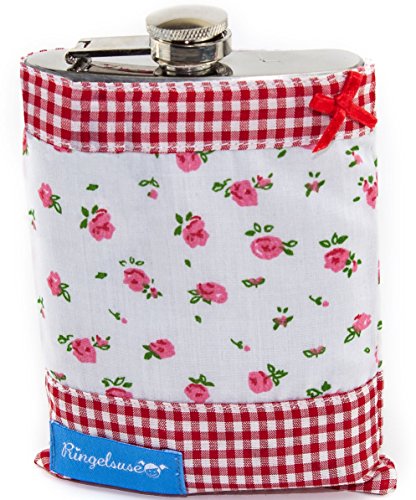 Flachmann Damen Stoff-Hülle Blumen Karo Edelstahl 210 ml 10,5 x 14 cm Rot Rosa Weiß Ringelsuse von Ringelsuse