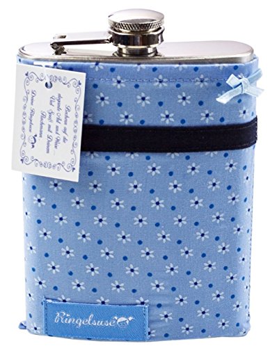 Flachmann Damen Mädchen Stoff Hülle Blau Weiß Blumen Edelstahl JGA 210 ml 10,5 x 14 cm Ringelsuse von Ringelsuse