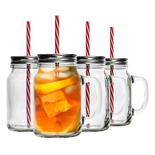 Knoxville Marmeladen-Trinkglas mit Henkel, Deckel & Strohhalm - 620 ml - 4 Stück mit Geschenkverpackung von Rink Drink