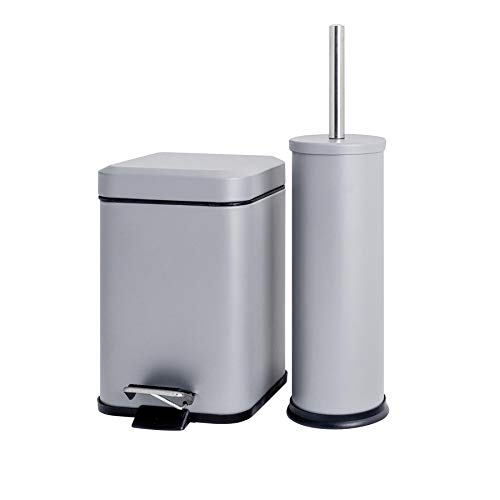 Rink Drink Badezimmer-Set - Eckiger Mülleimer mit Pedal & Toilettenbürste - Mattgrau - 3 l von Rink Drink