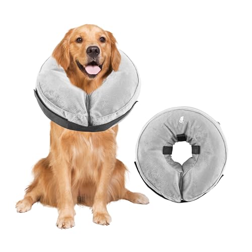 Aufblasbare Halskrause Hunde, Verstellbarer Schutzkragen nach Operationen, Weicher Anti-Leck-Kragen mit Atmungsaktivem Material, Sichtfreundliches Elizabethanisches Halsband für Hunde (Grau, XL) von Rinling