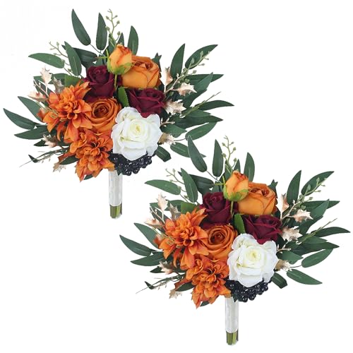 Rinlong 2er Set Herbst Hochzeit Blumensträuße für Brautjungfern Burnt Orange Brautjungfer Künstliche Blumen Terrakotta Bouquet Hochzeit Zeremonie Terrakotta von Rinlong
