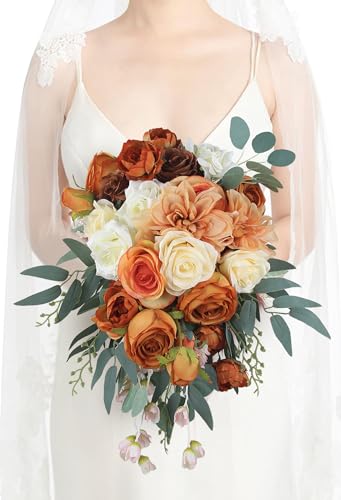 Rinlong 30 cm großer Blumenstrauß in Rusitc Burnt Orange Cascade Bouquet Herbst Hochzeit Blumensträuße für Braut kaskadierende Hochzeit Blumenstrauß aus Blumen Tropfenform Brautstrauß Hochzeit von Rinlong