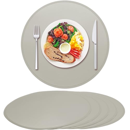 Rinpon Tischsets aus PU-Kunstleder, dick, abwischbar, wasserdicht, rund, 6 Stück, Vintage-Stil, niedlich, rund, rutschfest, waschbar, öldicht, knitterfrei, für Küche, Esstisch (grau) von Rinpon