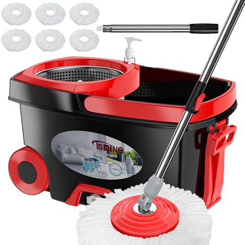 FunClean 360° Spin Mop und Eimer Set mit Auswringer, 6 extra Mikrofaserköpfe, 154,9 cm verlängerter Griff für mühelose Bodenreinigung, 2-Fach-Rollen-Design – Schwarz von RinseWise
