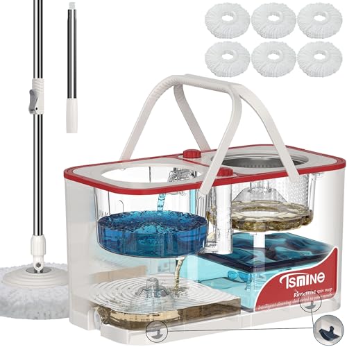 RinseWise Wischeimer Separates Schmutzwasser, Spin Mop Eimersystem, 4-Kammer-Mop und Eimer mit Auswringer-Set, Reinigungsmittel mit 3 Mikrofaser-Ersatzkopf-Nachfüllungen - Weiß von RinseWise