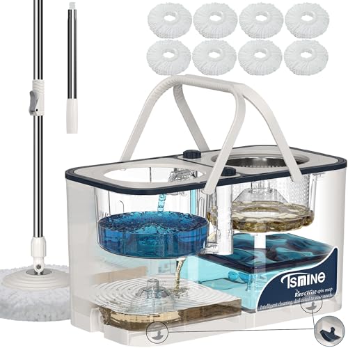 Spin Mop, Wischmopp- und Eimersystem, sauberes und schmutziges Wasser werden getrennt, 4-Kammer-Hartholz-Bodenwischer, Haushaltsreinigungswerkzeug mit 8 Mikrofaser-Ersatzköpfen von RinseWise