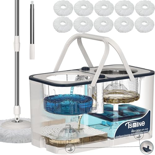 Wischmopp-Set mit Eimer und Auswringer für Zuhause, 4-Kammer-Drehmopp und Eimer, separates sauberes und schmutziges Wasser, Hartholz-Bodenwischer, Haushaltsreinigungswerkzeug mit von RinseWise