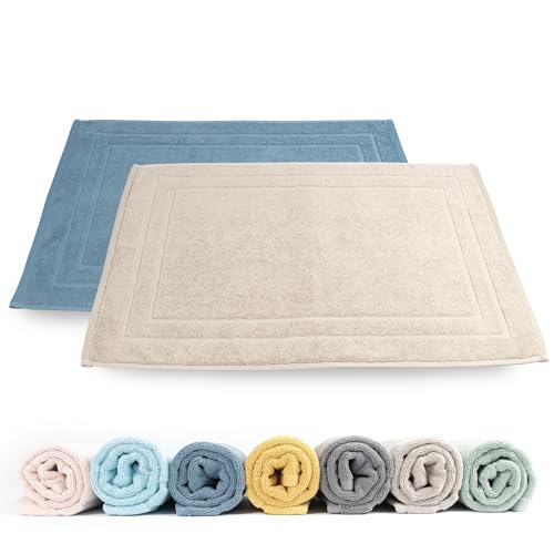 Rinsl Badematte Doppelpack | Badvorleger 100% Baumwolle Frottee | 2-TLG. Set Duschvorleger Set Schnelltrocknend Absorbierend Waschbar (blau - Taupe, 50 x 70 cm 2er Pack) von Rinsl