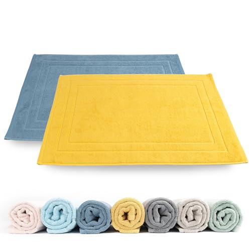 Rinsl Badematte Doppelpack | Badvorleger 100% Baumwolle Frottee | 2-TLG. Set Duschvorleger Set Schnelltrocknend Absorbierend Waschbar (gelb - blau, 50 x 70 cm 2er Pack) von Rinsl