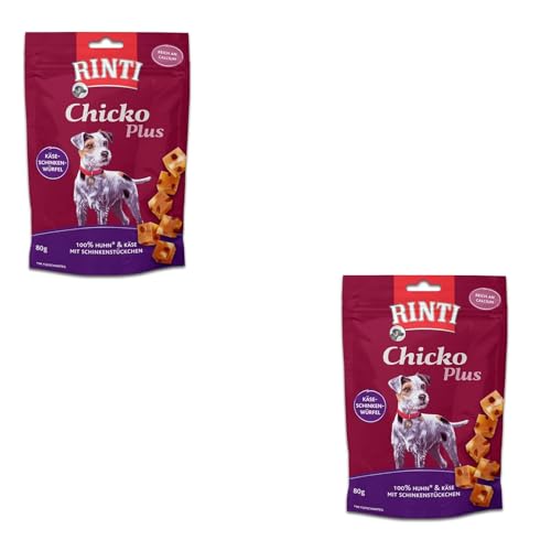 Rinti Chicko Plus Käse-Schinken-Würfel | Doppelpack | 2 x 80 g | Leckerli für Hunde | Hühnerbrustfilet mit herzhaften Käsestückchen + Schinken | Schonend luftgetrocknet von Rinti