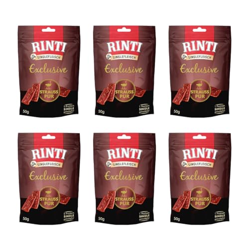 Rinti Singlefleisch Exclusive Strauß pur | 6er Pack | 6 x 50 g | Belohnungssnack für ausgewachsene Hunde | Für empfindliche Hunde bei Allergien oder Unverträglichkeiten | Leicht verdaulich von Rinti