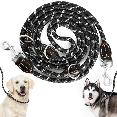 Hundeleine Doppelleine für Große & Mittelgroße Hunde - Verstellbare 3m Leine - Reflektierend aus Nylon Mit 2 Karabinerhaken und 3 Ringen - Extreme Kraft Bis 200 (Schwarz) von Rinwywey