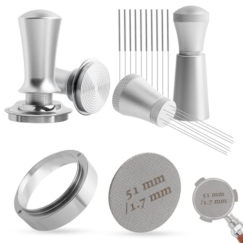 Kaffee Tamper 51mm Set, Aufgerüstet Espresso Tamper Set inkl. WDT Tool, Dosierring 51mm, Puck Screen 51mm, Druckregulierender Tamper-Base Ripple aus Edelstahl mit 30lbs Anpressdruck für Barista von Rinwywey