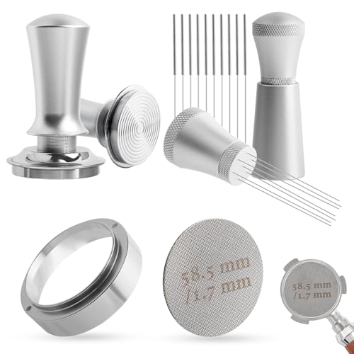 Kaffee Tamper 58mm Set, Aufgerüstet Espresso Tamper Set inkl. WDT Tool, Dosierring 58mm, Puck Screen 58mm, Druckregulierender Tamper-Base Ripple aus Edelstahl mit 30lbs Anpressdruck für Barista von Rinwywey