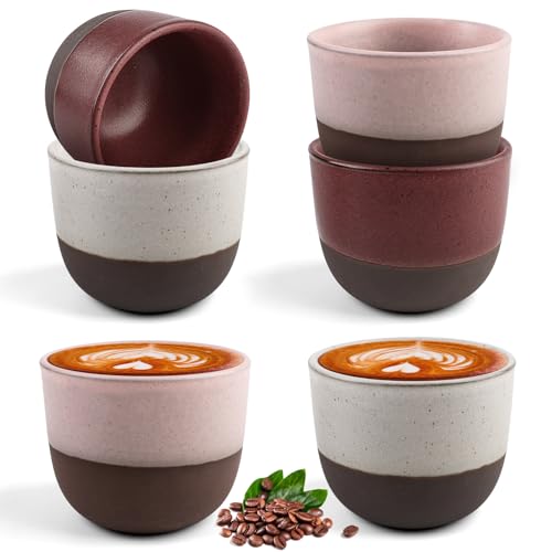Rinwywey Espressotassen Set 6x 120ml Mini-Espressotasse [LIEBEVOLL HANDGEFERTIGT] Stapelbare Espressobecher Keramik für Espresso, Tee, Eistee, Whiskey (Weiß + Rot + Rosa) von Rinwywey