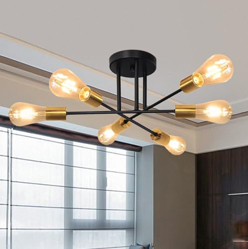 Riohan Industrielle Sputnik Kronleuchter, Retro 6-Licht E27 Deckenlampe, Moderne Schwarze Golden Deckenleuchte Industrie Kronleuchter, Ø 51 cm, für Schlafzimmer, Wohnzimmer, Küche(ohne Leuchtmittel) von Riohan