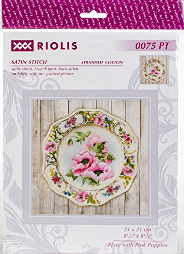 Riolis Teller mit rosa Mohnblumen Kreuzstich-Set, Baumwolle, Mehrfarbig, 21 x 21 cm von Riolis