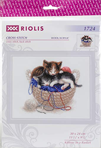 RIOLIS Kätzchen im Korb Kreuzstich-Set, Baumwolle, Mehrfarbig, 30 x 24 x 0.1 cm von Riolis