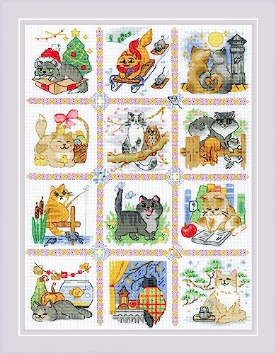 Riolis Kreuzstich Set Katzenkalender, Zählmuster, 30x40cm von Riolis