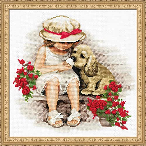 Riolis Stickpackung Mädchen mit Hund, gezählter Kreuzstich, Sweet Tooth (14 Count), c1, Weiß, Mittel von Riolis