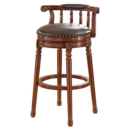 Antiker Barhocker mit 360°-Drehfunktion, Küchenthekenstühle mit Rückenlehne, runder Sitz mit Lederpolsterung, Fußstütze aus Holz, Tragkraft 200 kg, 76 cm, Braun von RiouPsithuric