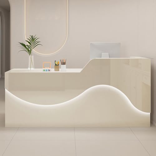 Moderner Empfangstresen mit LED-Licht und abschließbarer Schublade – Beige L-förmiger Empfangstresen (120 cm) von RiouPsithuric