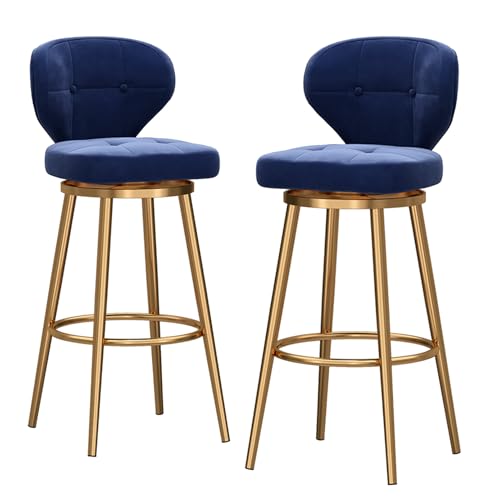 RiouPsithuric 2er-Set Barhocker aus Samt in Thekenhöhe, 360° drehbare Polsterstühle mit Rückenlehne, Metallbeine, Mid-Century-Modern-Design für Kücheninsel, Sitzfläche 65 cm, Blau von RiouPsithuric