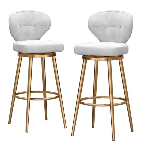 RiouPsithuric 2er-Set Barhocker aus Samt in Thekenhöhe, 360° drehbare Polsterstühle mit Rückenlehne und Metallbeinen, Mid-Century-Modern-Design für Kücheninsel, 65 cm Sitzhöhe, Weiß von RiouPsithuric
