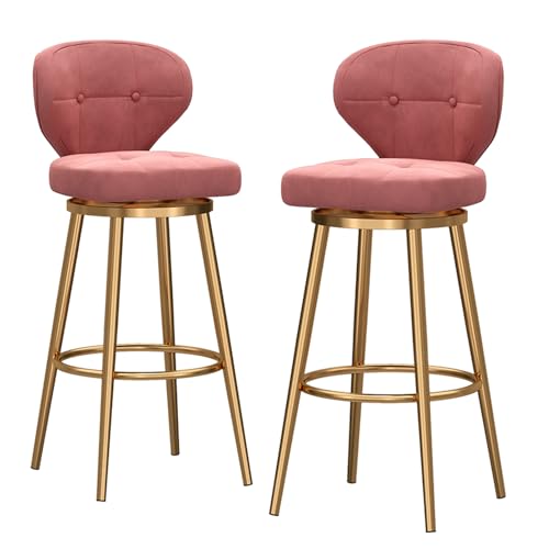 RiouPsithuric 2er-Set Barhocker aus rosa Samt in Thekenhöhe, 360° drehbare Polsterstühle mit Rückenlehne und Metallbeinen, Sitzgelegenheit für Kücheninseln im Mid-Century-Modern-Stil, 65 cm Sitz von RiouPsithuric