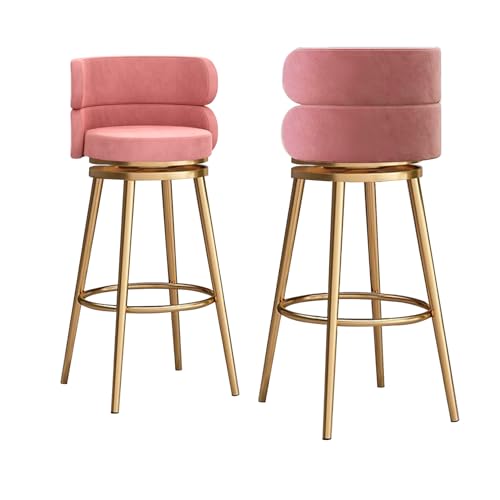 RiouPsithuric 2er-Set Barhocker in Thekenhöhe – Drehstühle aus rosa Samt mit niedriger Rückenlehne und Fußstütze aus goldfarbenem Metall, ideal für Kücheninseln und Hausbars, Sitzbreite 75 cm RiouPsithuric 2er-Set Barhocker in Thekenhöhe – Drehstühle aus rosa Samt mit niedriger Rückenlehne und Fußstütze aus goldfarbenem Metall, ideal für Kücheninseln und Hausbars, Sitzbreite 75 cm von RiouPsithuric