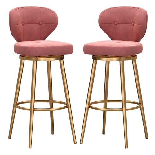 RiouPsithuric 2er-Set Moderne, rosafarbene Barhocker mit Drehfunktion, gepolsterte Stühle in Thekenhöhe mit Rückenlehne und goldfarbenem Metallrahmen für Kücheninsel, Bar, Esszimmer – 65 cm von RiouPsithuric