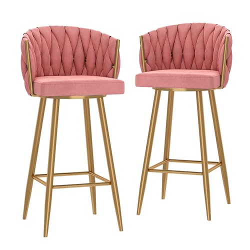 RiouPsithuric 2er-Set drehbare Barhocker aus rosa Samt mit gewebter Rückenlehne, Stühle in Thekenhöhe mit goldenen Metallbeinen und Fußstütze, ideal für Kücheninsel-Esszimmer, 75 cm Sitzfläche RiouPsithuric 2er-Set drehbare Barhocker aus rosa Samt mit gewebter Rückenlehne, Stühle in Thekenhöhe mit goldenen Metallbeinen und Fußstütze, ideal für Kücheninsel-Esszimmer, 75 cm Sitzfläche von RiouPsithuric
