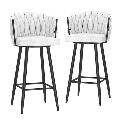RiouPsithuric 2er-Set drehbare Barhocker aus weißem Samt mit gewebter Rückenlehne, Moderne Stühle in Thekenhöhe für Kücheninseln, Elegantes Design, 75 cm Sitzhöhe, perfekt für das Esszimmer oder von RiouPsithuric