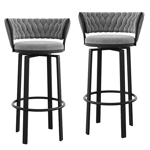 RiouPsithuric 2er-Set drehbare Barhocker mit gewebter Rückenlehne und Fußstütze, 65 cm Thekenhöhe, Stühle für Kücheninsel, Pub, Bistro, Restaurant – stilvolles graues Design von RiouPsithuric
