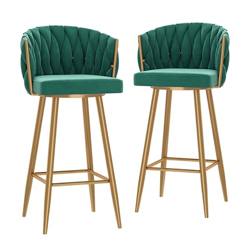 RiouPsithuric 2er-Set grüne drehbare Barhocker, Stühle in Thekenhöhe aus Samt mit gewebter Rückenlehne und goldenen Metallbeinen, perfekt für das Esszimmer auf Einer Kücheninsel, Sitzhöhe 65 cm von RiouPsithuric