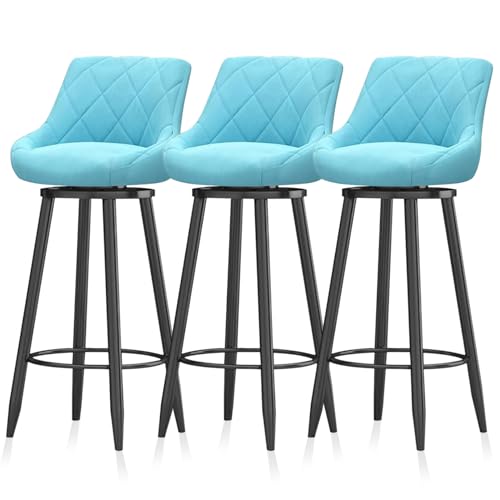 RiouPsithuric 3er-Set Barhocker, Drehstühle aus Samt in Thekenhöhe mit Rückenlehne, schwarzer Rahmen, armloses Design für Kücheninsel, Pub, Esszimmer, Wohnzimmer – Hellblau von RiouPsithuric