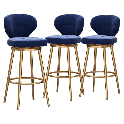 RiouPsithuric 3er-Set Barhocker aus Samt mit Fußstütze, goldene Metallbeine, 75 cm Sitzhöhe, stilvolle Barhocker für Kücheninsel, Esszimmer, Pub – Blau von RiouPsithuric