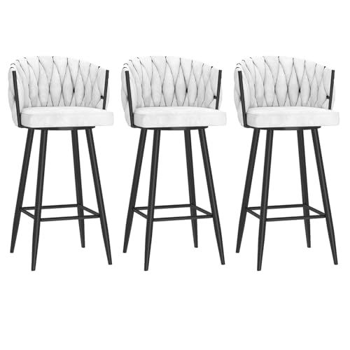 RiouPsithuric 3er-Set Moderne, weiße Barhocker mit Drehfunktion und gewebter Rückenlehne, Thekenhöhe aus Samt für Kücheninseln, Sitzhöhe 75 cm, stilvolle und Bequeme Esszimmerstühle von RiouPsithuric