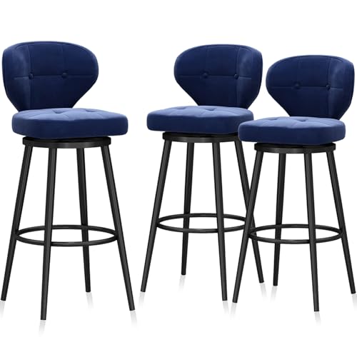 RiouPsithuric 3er-Set Moderne Barhocker aus blauem Samt, 360° drehbare Thekenstühle mit Rückenlehne, stilvolle Sitzgelegenheiten für Kücheninseln, robuste Schwarze Metallbeine, 65 cm von RiouPsithuric