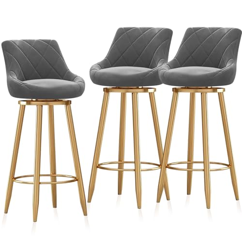 RiouPsithuric 3er-Set Moderne Barhocker aus grauem Samt, Drehstühle in Thekenhöhe mit Goldener Fußstütze und Rückenlehne, stilvolle Sitzinsel für Küche oder Esszimmer, 65 cm hoch von RiouPsithuric