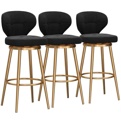 RiouPsithuric 3er-Set drehbare Barhocker in Thekenhöhe mit Rückenlehne, samtgepolsterte Kücheninselhocker, Moderne Schwarze Stühle mit goldenen Metallbeinen, 65 cm hoch von RiouPsithuric