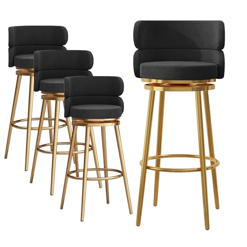 RiouPsithuric 4er-Set Barhocker in Thekenhöhe, Drehstühle mit Samtpolsterung und Rückenlehne, Metallbeine für Kücheninsel, 75 cm Sitzhöhe, modernes schwarzes Design von RiouPsithuric
