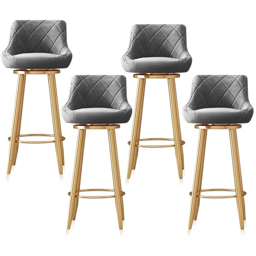 RiouPsithuric 4er-Set Moderne Barhocker aus Samt, Drehstühle in Thekenhöhe mit Rückenlehne, stilvolle grau gepolsterte Barhocker mit Goldener Fußstütze für die Kücheninsel, 65 cm von RiouPsithuric