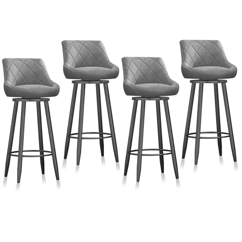 RiouPsithuric 4er-Set drehbare Barhocker, Stühle in Thekenhöhe aus Samt mit Rückenlehne, schwarzes Gestell, armloses Design für Kücheninsel, Esszimmer, Pub, Wohnzimmer – Grau von RiouPsithuric