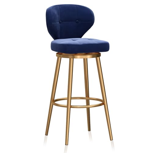 RiouPsithuric Drehbarer Barhocker aus Samt, 1er-Set, Thekenhöhe für die Küche mit Rückenlehne, goldene Metallbeine, ideal für Kücheninseln, Pubs, Cafés – Blau, 65 cm von RiouPsithuric