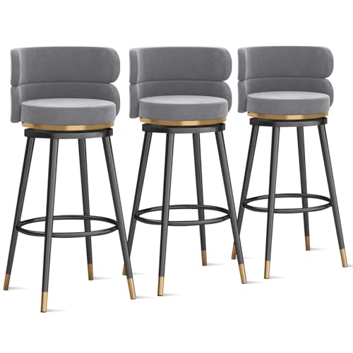 RiouPsithuric Moderne, drehbare Barhocker aus Samt, 3er-Set, gepolsterte Thekenstühle mit hoher Rückenlehne für die Kücheninsel, stilvolle graue Sitzgelegenheiten, 65 cm Höhe, perfekt zum Essen von RiouPsithuric