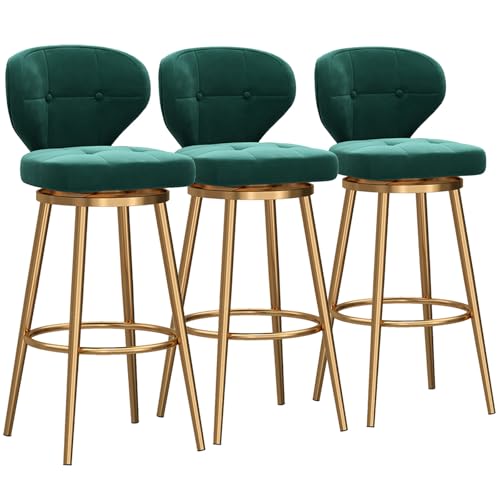 RiouPsithuric Moderne drehbare Barhocker, 3er-Set – mit Samtpolsterung, Thekenhöhe, mit Rückenlehnen und goldenen Metallbeinen, perfekt für Kücheninseln, Grün, 75 cm von RiouPsithuric